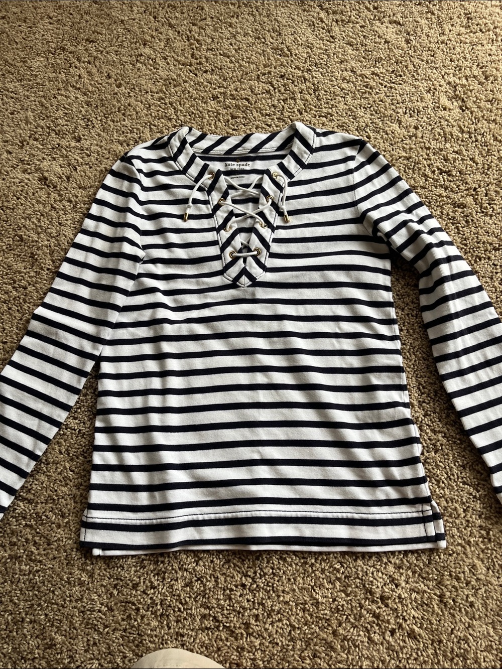 kate spade White and Navy Striped Lace-Up Long Sleeve Top